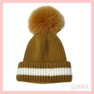 Adrienne Landau Two-Toned Beanie With Fox Fur Pom in Brown